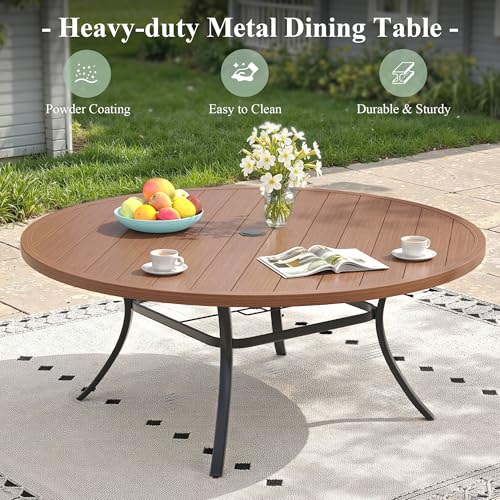 ARKOST Round Patio Dining Set for 10, 63" Round Metal Table with Umbrella Hole and Stackable Wicker Patio Chairs, Outdoor Furniture Set for Deck Backyard Garden, Walnut Chairs, Walnut Table