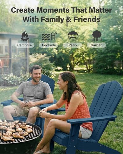 YEFU Oversized Adirondack Chair with Cup-Holder,Plastic Outdoor Fire Pit Chair, Weather Resistant, Poly Lumber Chair, Used in Patio, Lawn, Deck,Heavty Duty,Weight Capacity 450lbs-Navy Blue