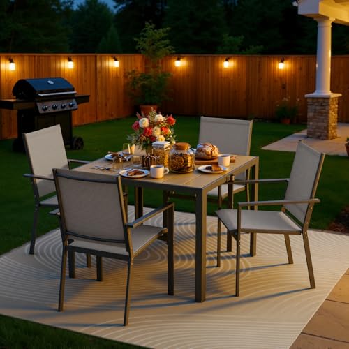 Ahomly Patio Table and Chairs Set for 4, All-Weather Outdoor Dining Set with Umbrella Hole, Outdoor Table and Chairst for Patio, Lawn, Garden, or Deck, Rustproof Steel Frame, Grey