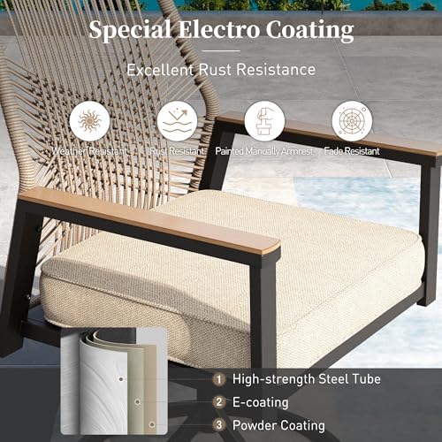 5 Pieces Patio Dining Set, 4 x Woven Rattan Chairs with Waterproof Cushion, 42” Metal Round Dining Table with Umbrella Hole, Outdoor Table and Chairs Set for Backyard Lawn and Deck, Beige