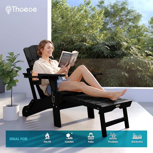 THOEOE Folding Adjustable Adirondack Chairs with Ottoman & 1 Cup Holders, HDEP Multifunctional Adirondack Chair with Footrest,Black