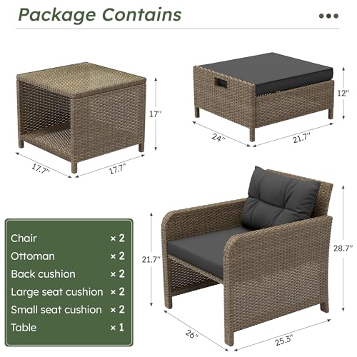 GULAIMOAO Balcony Furniture 5 Pieces Patio Set, Hand-Woven Rattan Patio Conversation Set with Soft Cushions & Coffee Table, Outdoor Chairs with Hidden Ottoman for Porch, Lawn, Garden, Balcony, Black