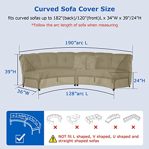 SunPatio Outdoor Curved Sectional Sofa Cover, Heavy Duty Waterproof Patio Couch Cover, All Weather Protection Furniture Protector with Sealed Seam, 190"(back)/128"(front)L x 36"W x 39"/24"H, Taupe