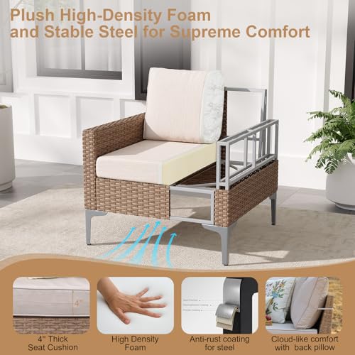 JOYURE 4-Piece Patio Furniture Set,Outdoor Wicker Patio Conversation Set with Tempered Glass Table,All-Weather Rattan Sectional Loveseat&Chairs with Thick Cushions for Garden,Deck,Backyard-Beige
