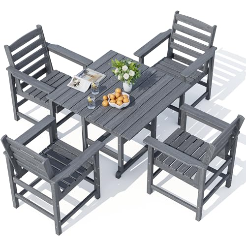 PamapicLife Outdoor HDPE Dining Table Set, 5-Piece All-Weather HDPE Outdoor Table and Chairs with Elegant Armrest, Wood Grain Patio Furniture Sets with Umbrella Hole for Porch, Backyard, Gray