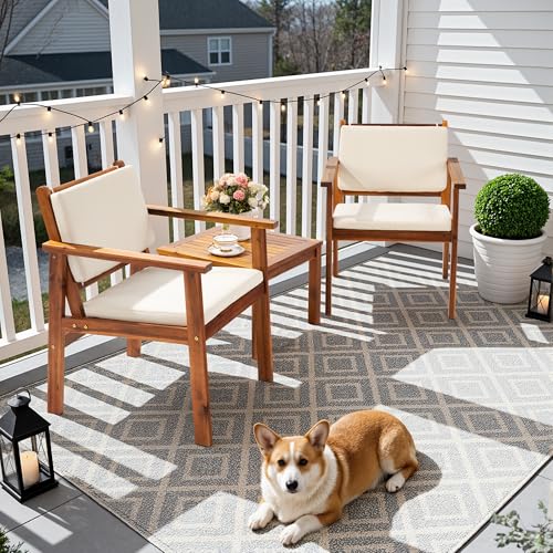 Flamaker Patio Chairs 3 Piece Acacia Wood Patio Furniture with Coffee Table & Cushions Outdoor Conversation Set Balcony Chairs for Porch, Deck, Backyard