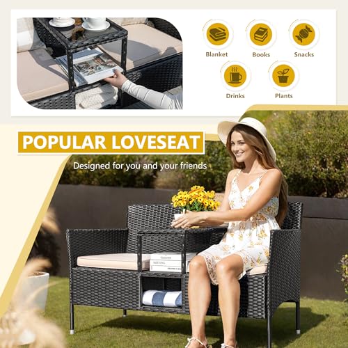 Devoko Outdoor Patio Loveseat Modern Rattan 2-Seat Patio Conversation Set with Cushions & Built-in Coffee Table Porch Furniture for Garden Lawn Backyard (Beige)