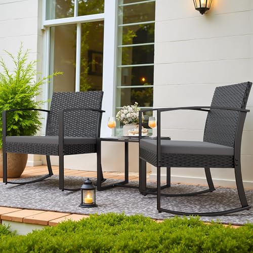 Homall Patio Furniture Set 3 Piece Resin Outdoor Bistro Set Rocking Patio Chairs with Cushions and Table for Porch, Poolside, Balcony and Yard (Grey)