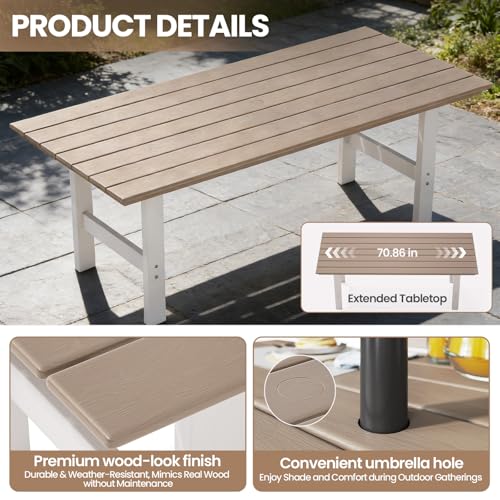 Polyhouz Outdoor Dining Set,7-Piece Patio Table and Chairs Set for 6, HDPE Outdoor Dining Table and Chairs with Umbrella Hole, All-Weather Patio Dining Furniture Set,White Brown