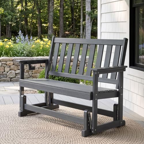 COSIEST 2 Person Outdoor Glider Bench, HDPE All-Weather Patio Glider with Cup Holder, Swing Chair for Garden, Backyard, Porch, and Deck,660LBS Capacity, Grey
