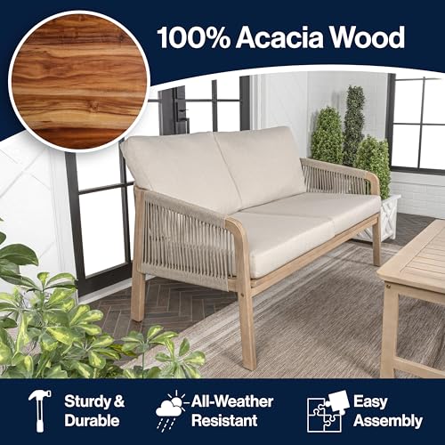 JONATHAN Y Arwen Bohemian Acacia Wood Outdoor Loveseat, 2-Seater Patio Sofa Bench with Woven Rope Details and Thick Cushions for Porch, Balcony, Backyard, 49" W, Light Teak/Beige SFB1001A