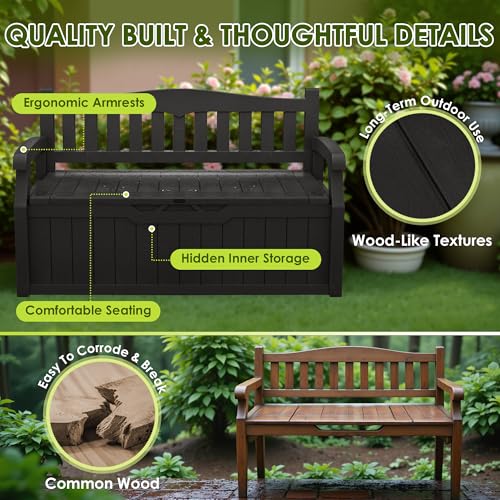 Greesum 80 Gallon Outdoor Storage Bench, Weather-Resistant Deck Box, Patio Furniture Bench for Backyard, Garden, Porch, Large Capacity Seat for Pillows Cushions Patio Accessories, Dark Black
