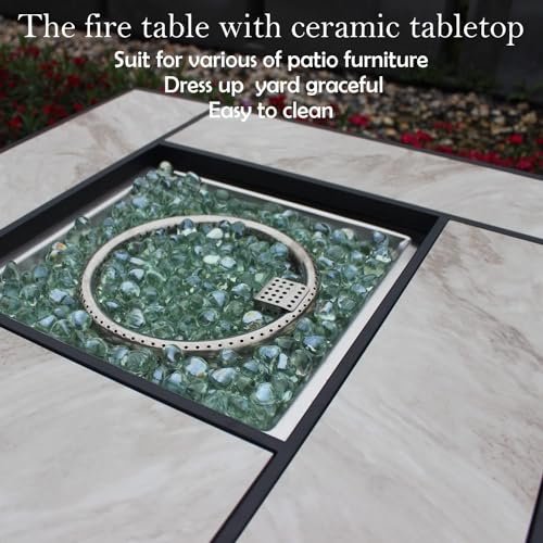 OutVue 30" Propane Fire Pit with Real Ceramic Tabletop, 50000 BTU Gas Firepit Table with Lid & Glass Rock, Outdoor Fire Pit for Dining or Party, Firepit for Outside, Patio, Garden, Yard
