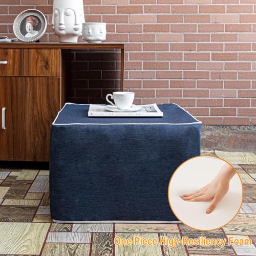 AbunHeri Outdoor Ottoman 20x20x14 Inches Outdoor Square Ottomans for Patio Modern Lightweight Foam Stuffed Pouf Outdoor Footstool Footrest (Navy Blue)