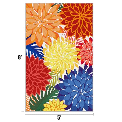 Colorful 5x8 Outdoor Area Rug Washable Multicolored Patio Rug Tropical Botanical Floral Chenille Waterproof Outdoor Carpet for Living Room, Deck, Backyard, Porch, Rainbow