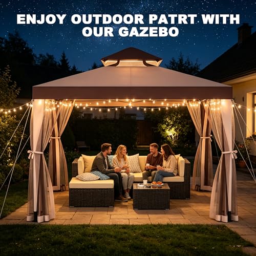 Outdoor Gazebo for Patio, 10×10 Canopy Tent with Mosquito Nettings & Double Roofs, Easy Setup Canopy Shelter for Party, Patio Gazebo for Lawn, Backyard, Garden (Red, 10'x10')