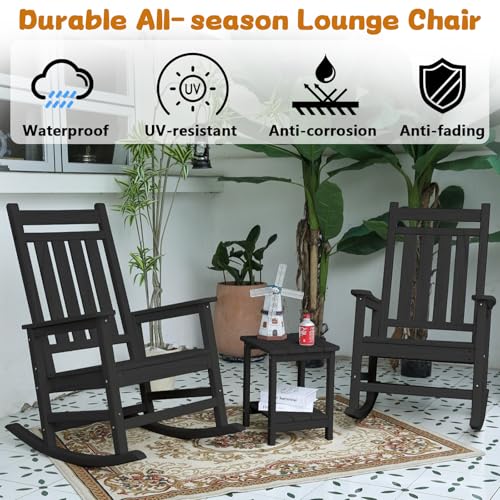 HRVEOCEI Oversized Outdoor Rocking Chair Set of 2 with Table, HDPE Patio Racking Chairs for Front Porch Outside All Weather, 300 LBS Capacity (Set of 2, Black)