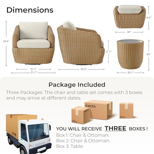 CHITA 5 Pieces Patio Wicker Furniture Set, Outdoor Rattan Bistro Set with Removable Thickened Cushions, Fully Assembled(Beige Cushions with Light Brown Wicker)