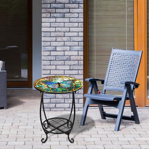 Cinnvoice Outdoor Side Table Round Small Mosaic Patio Accent Indoor End Plant Coffee Tea Table for Yard Patio Porch Garden Living Room, Bedroom(Butterfly Style,14 Inch)