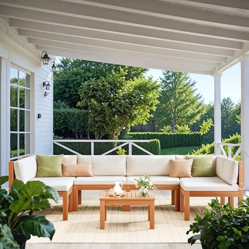 Devoko Outdoor Sectional Couch 7 Pieces Patio Sectional Sofa with Acacia Wood Coffee Table, Outdoor L-Shaped Couch with All-Weather Cushion for Patio,Deck,Backyard(White)