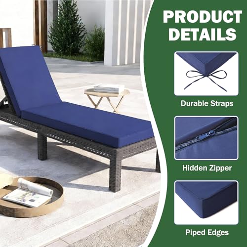 Aegisun Chaise Lounge Cushions Outdoor, 72x 21x 3 Inch Waterproof & Fade-Resistant Lounge Chair Cushion, Outdoor Chaise Cushion with Removable Cover & Ties for Lawn, Patio, Pool & Beach, Navy Blue