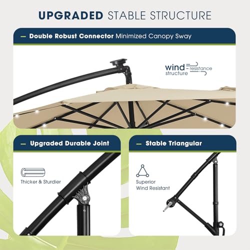wikiwiki 10ft Solar LED Offset Patio Umbrella, Outdoor Cantilever Patio Umbrellas with Solor Lights for Backyard, Poolside and Garden, Easy Tilt Adjustment, 32 LED Lights & Polyester Shade, Beige