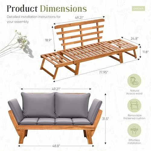Flamaker Outdoor Couch with Adjustable Armrests, Acacia Wood Patio Loveseat with Soft Cushions, Convertible Patio Furniture for Balcony, Porch, Backyard (Grey)