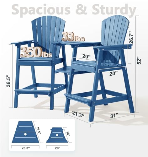 PASAMIC Tall Adirondack Chairs Set of 2, All-Weather HDPE Patio Chairs with Double Connecting Trays, Bar Height Heavy-Duty Outdoor Chairs for Garden, Backyard, Balcony, Blue