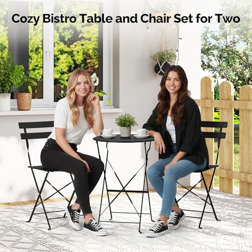 VINGLI Outdoor Folding Bistro Table and Chairs Set of 2, 3-Piece Bistro Set with Premium Steel Frame for Patio, Balcony, Garden, Porch, Yard, Black