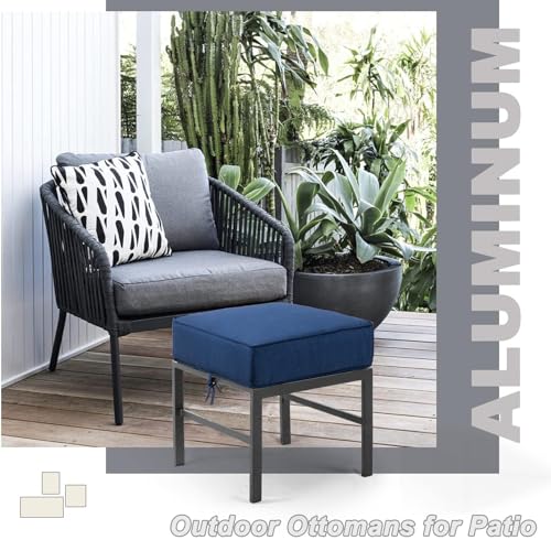 Auzfy 2 Pieces Outdoor Ottomans for Patio, Assembled Patio Ottomans with Bule Cushions, Metal Small Outdoor Footrest for Patio Porch Yard Garden Deck, Gray Frame
