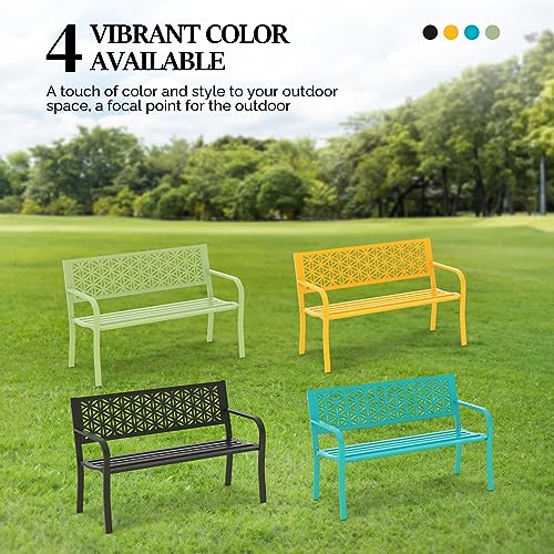 VINGLI 50" Outdoor Bench Metal with Floral Back, Garden Bench Front Porch Benches for Yard Patio Entryway Park, 800lb Capacity - Blue