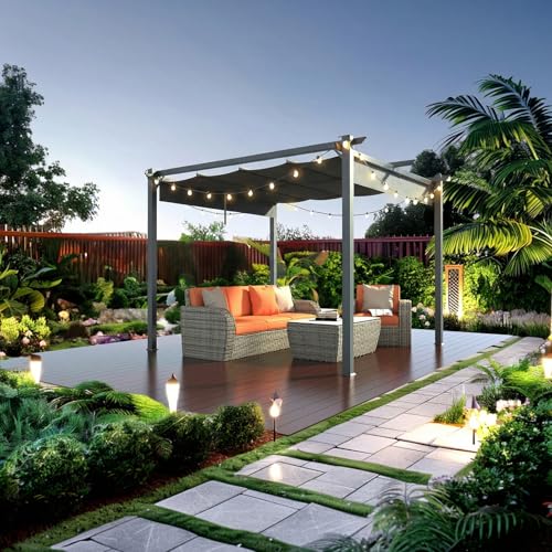 VINGLI 10’x 10' Outdoor Pergola Retractable Aluminum Pergola Canopy with Adjustable Roof, Patio Pergola for Deck, Porch, Garden, Yard (Gray)