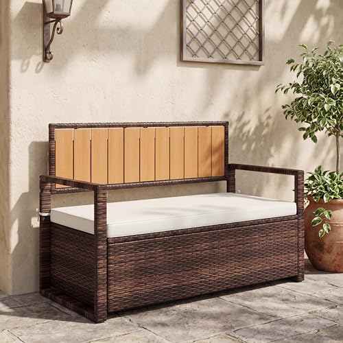 75 Gallon Outdoor Storage Bench with Cushion, 2-Seater PE Rattan Patio Storage Box with Backrest & Armrests, Weatherproof Lockable Deck Box for Garden, Balcony, Porch, Pool, Yard, Dark Brown