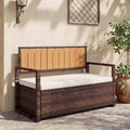 75 Gallon Outdoor Storage Bench with Cushion, 2-Seater PE Rattan Patio Storage Box with Backrest & Armrests, Weatherproof Lockable Deck Box for Garden, Balcony, Porch, Pool, Yard, Dark Brown