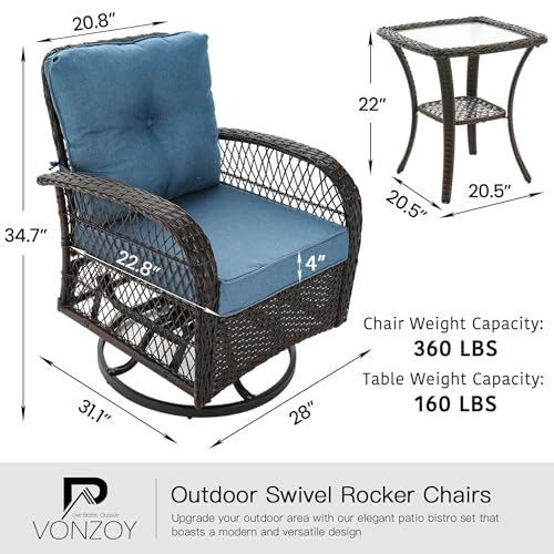VONZOY 3 Pieces Patio Furniture Set, Outdoor Swivel Glider Rocker, Wicker Patio Bistro Set with Rocking Chair, Thickened Cushions and Table for Porch (Blue)