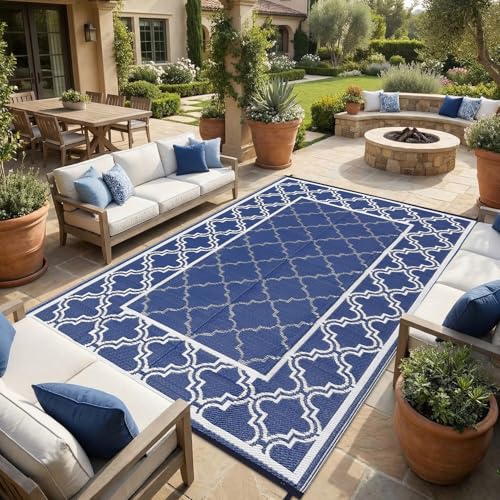 Garvee Reversible Outdoor Rug 5x8, Waterproof Outdoor Plastic Straw Rug with Interlacing Pattern, RV Mat for Picnics, Patio, Camping, Balcony, Deck, Backyard, Porch, Blue