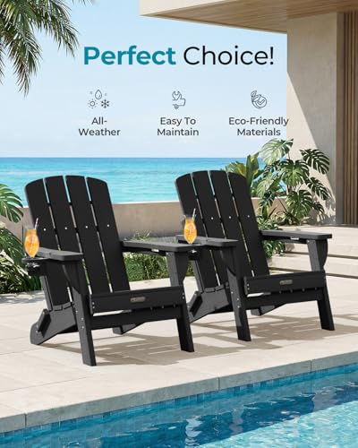 SUUNYN Folding Adirondack Chair, HDPE All-Weather Fire Pit Chairs, Plastic Adirondack Chairs with 2 Cup Holder, Outdoor Lawn Chair for Patio Garden (Black)