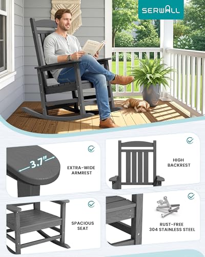 SERWALL Oversized Outdoor Rocking Chair Set of 2, HDPE Patio Rocking Chair, All-Weather Porch Rocker for Balcony, Yard, Dark Gray