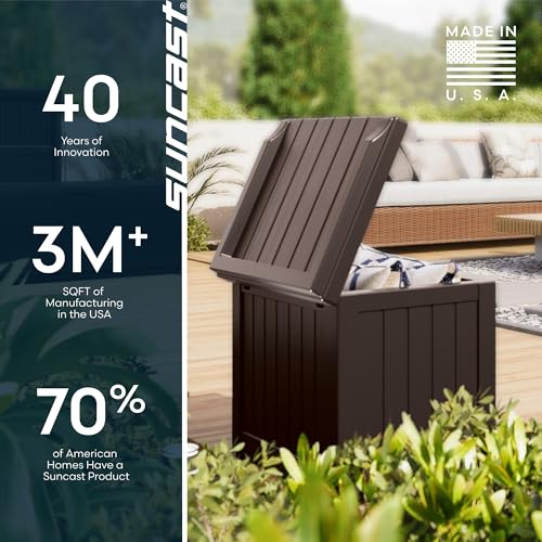 Suncast Outdoor Deck Box - 22 Gallon Java Resin Outdoor Storage Box, Weatherproof Patio Storage Bin Container for Seating & Organizing Cushions, Tools & Towels for Pool, Yard, & Garden