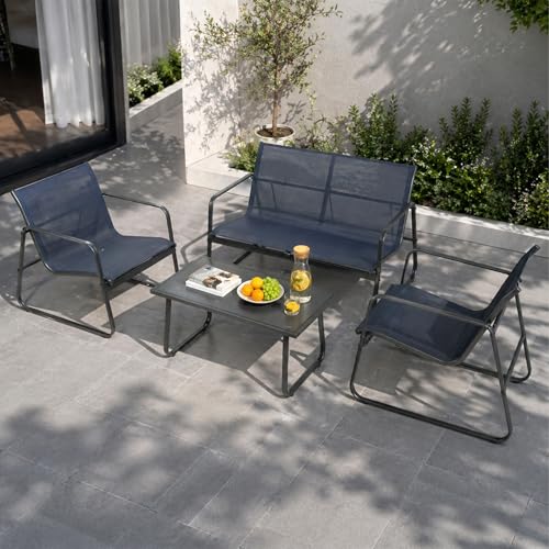 Kozyard Sofia 4-Piece Patio Conversation Set, Outdoor Furniture Set with Loveseat, 2 Chairs & Table, Breathable Textilene Seating, Powder-Coated Metal Frame, All-Weather for Balcony Backyard Navy Blue