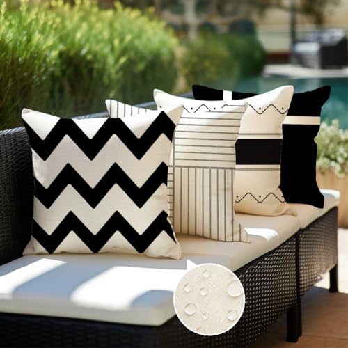 RABUSOFA Outdoor Pillow Covers Waterproof 18x18 Inch,Black Modern Geometry Decorative Cushion Cases Decoration for Patio Furniture Sunbrella Garden Set of 4 (Black, 18" x 18" (Pack of 4))