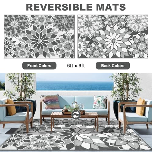 LOKHOM Outdoor Rug for Patio 6x9 ft Reversible Plastic Straw Patio Camping Rug, Floral Waterproof RV Mat for Camper Indoor Outdoor Carpet for Deck Porch Picnic Beach Balcony Backyard, Grey & White