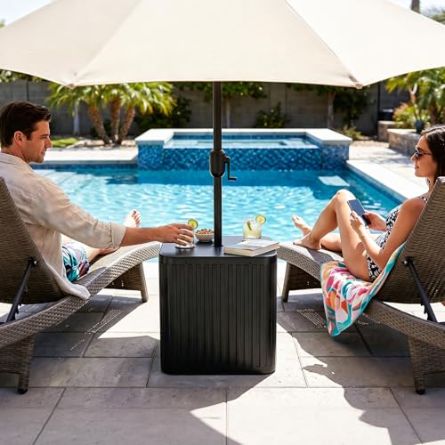 BoYata Outdoor Umbrella Side Table, 2-in-1 Outdoor Side Table with Umbrella Hole, 15.9 Gallon Fillable Umbrella Stand Base, Fit Up to 1.5" Pole, Square Patio Side Table for Poolside, Deck, Matte Black