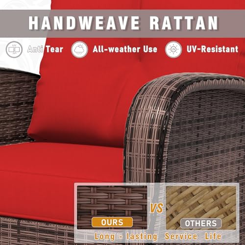 Qsoer 4 Piece Patio Conversation Set - 2 Swivel Chairs 1 Coffee Table 3-Seater Sofa, PE Wicker & Steel Patio Furniture with Heavy-Duty Steel Frame,Weatherproof Cushions, Red