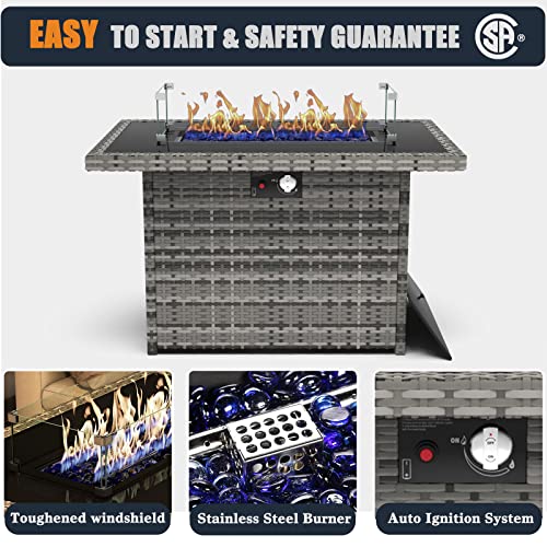 KHOLH 44 Inch Propane Gas Fire Pits Table for Outside Patio, 60000 BTU Rectangular Outdoor Wicker Rattan Fire Pit with Glass Wind Guard
