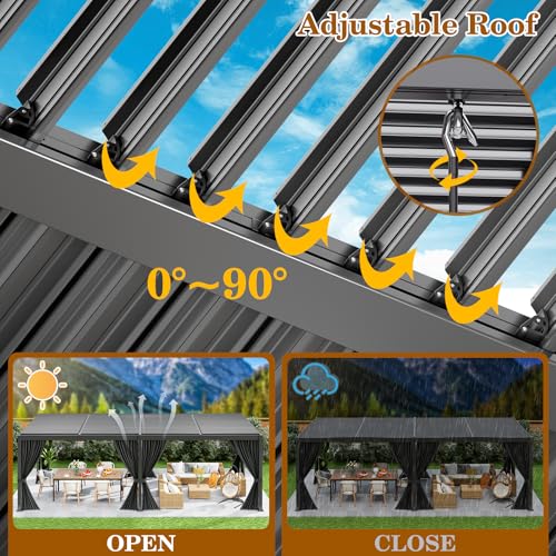 LEVELEVE 10' x 20' Louvered Pergola with Adjustable Roof, Outdoor Metal Patio Gazebo with Curtains & Netting, Gutter System, Large Hardtop Canopy for Garden, Deck, Backyard