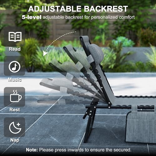 Outsunny Folding Chaise Lounge Chair Outdoor, Sun Tanning Chair with Side Pocket, Carrying Strap, Portable Patio Beach Lounger with 5-Position Reclining Back, Headrest for Pool, Camping, Yard, Gray