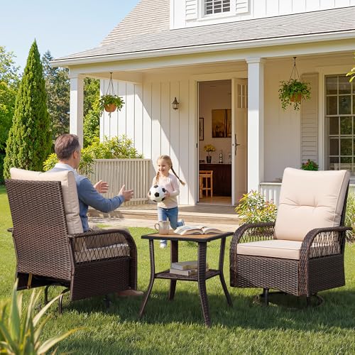 Devoko Patio Furniture Set Outdoor 3 Pieces Wicker Swivel Rocking Chairs Set of 2 with Coffee Table, Patio Conversation Set for Porch, Balcony, Deck, Garden (Brown)