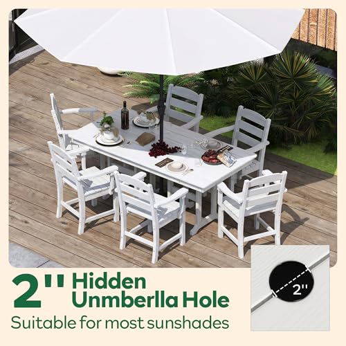 HOPUBUY 7 Pieces Patio Dining Set for 6, 71" HDPE All-Weather Patio Table and Chairs Set with Umbrella Hole, Durable Outdoor Furniture Set for Garden, Backyard, Lawn & Poolside (White)