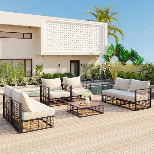 RUNNA Modern Minimalist 7-Piece Metal Patio Sectional Sofa Set, All-Weather Garden Conversational Furniture Set with Thick Cushions and Coffee Table for Indoor Outdoor (Dark Gray Frame+ Brown Ratta)